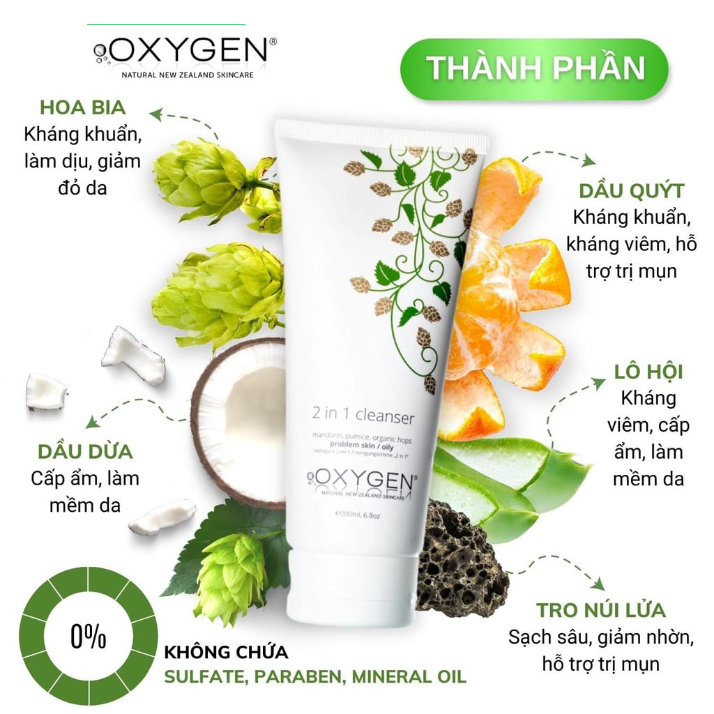 Sữa rửa mặt cho da dầu mụn và nhạy cảm OXYGEN 2 in 1 Cleanser - Tuýp 200ml