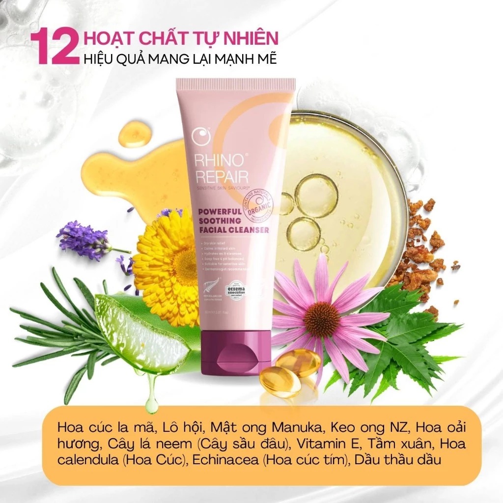 Sữa rửa mặt cấp ẩm phục hồi chuyên biệt cho da nhạy cảm Rhino Repair Powerful Soothing Facial Cleanser