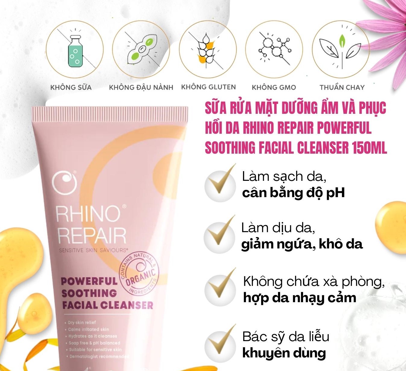 Sữa rửa mặt cấp ẩm phục hồi chuyên biệt cho da nhạy cảm Rhino Repair Powerful Soothing Facial Cleanser