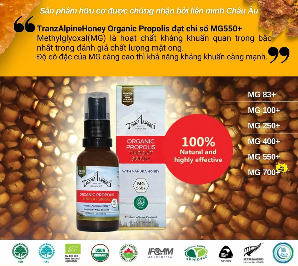 Xịt họng keo ong Organic Propolis Throat Spray with Manuka Honey MG550+