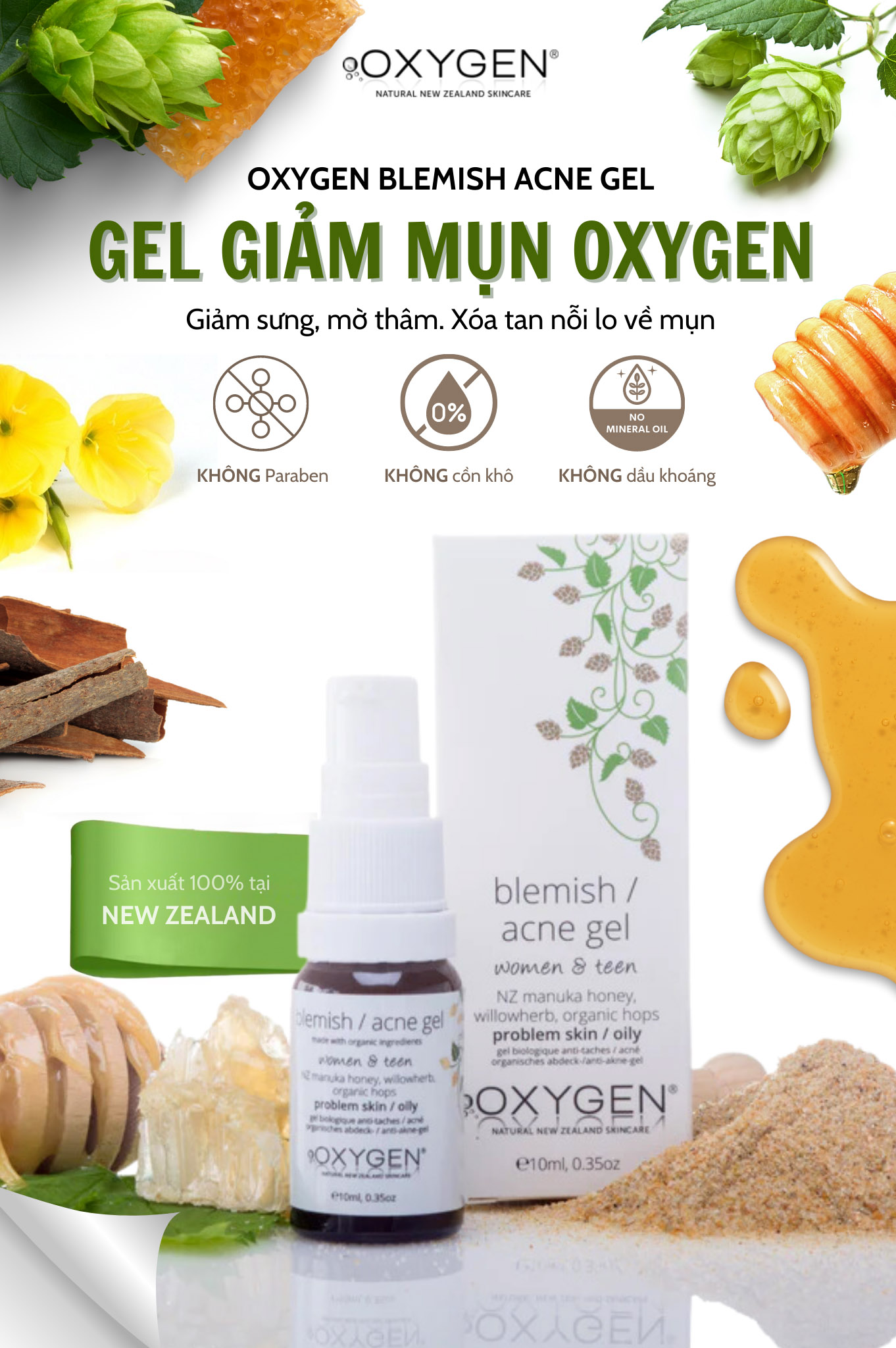 Gel giảm mụn mờ thâm OXYGEN Blemish Acne Gel 10ml