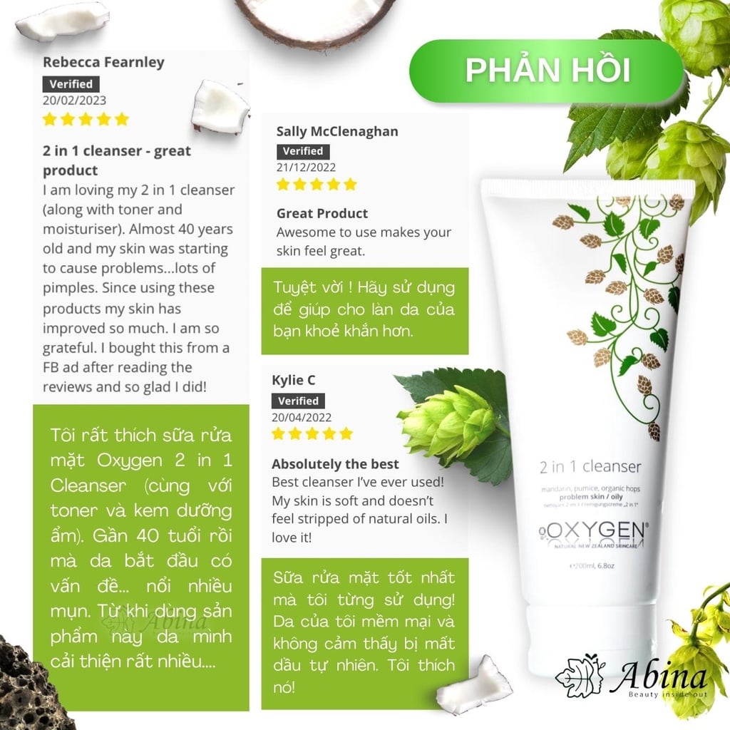 Sữa rửa mặt cho da dầu mụn và nhạy cảm OXYGEN 2 in 1 Cleanser - Tuýp 200ml