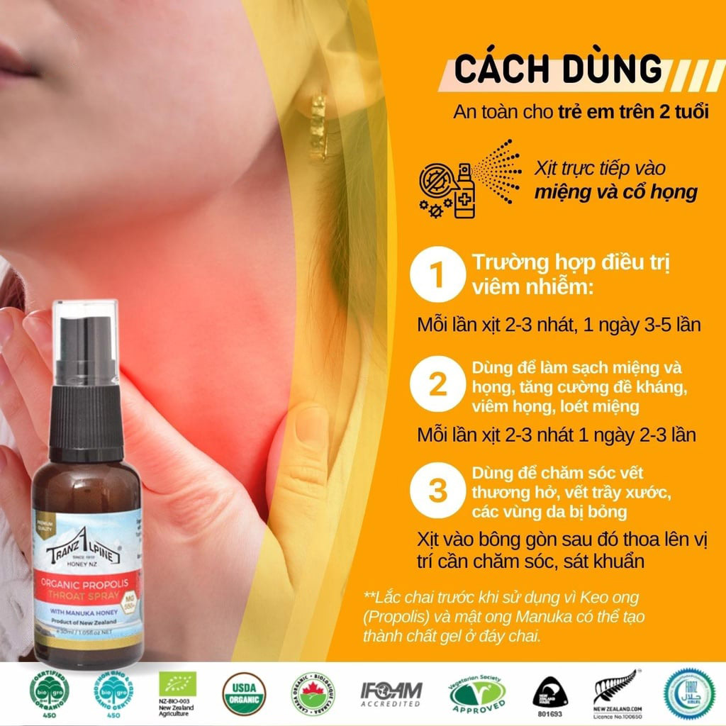 Xịt họng keo ong Organic Propolis Throat Spray with Manuka Honey MG550+